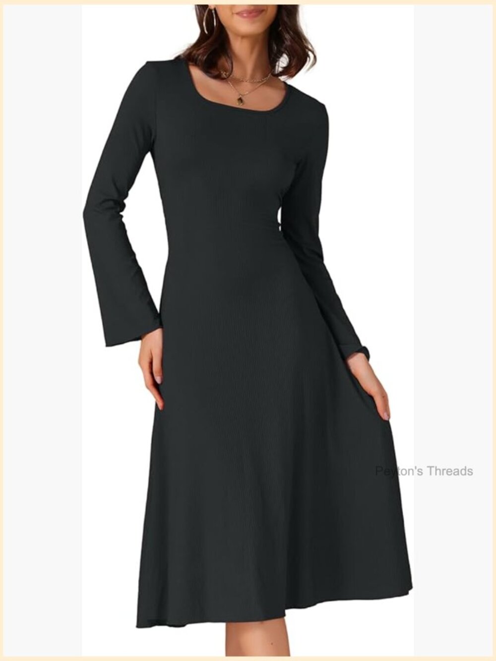 Square Neck Sweater Dress Lace Up Bell Long Sleeve A-Line Midi Dress